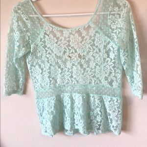 Lace/shear blue 3/4 sleeve peplum top